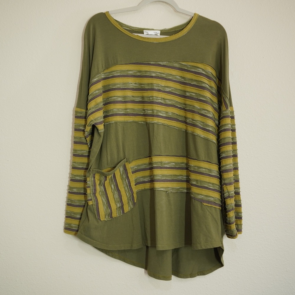Neon Buddha 1X Tunic Top Green Striped Raw Edge Cotton Pocket Lagenlook Indie